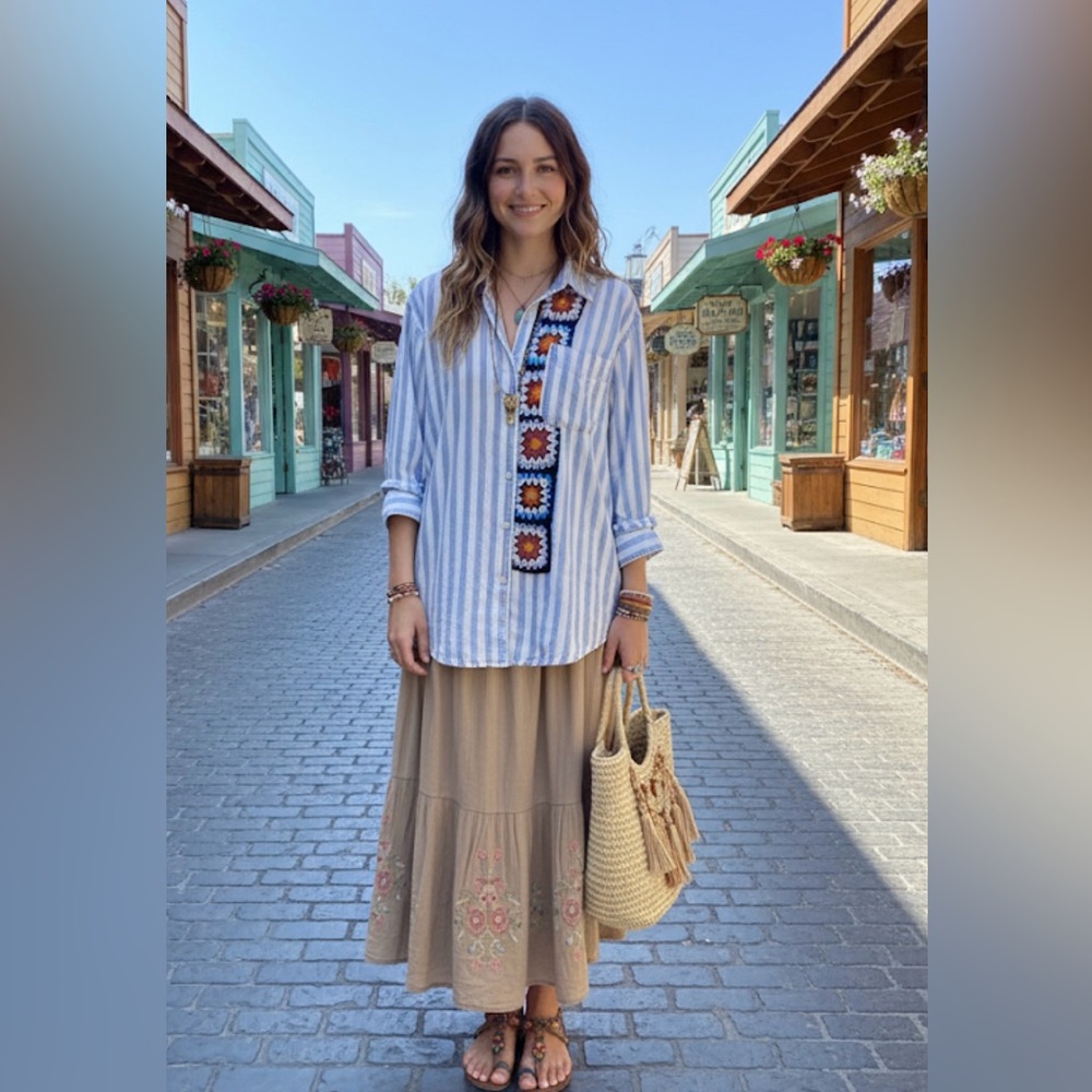 Reworked Vintage Striped Shirt With Granny Square Boho CottageCore Top Large